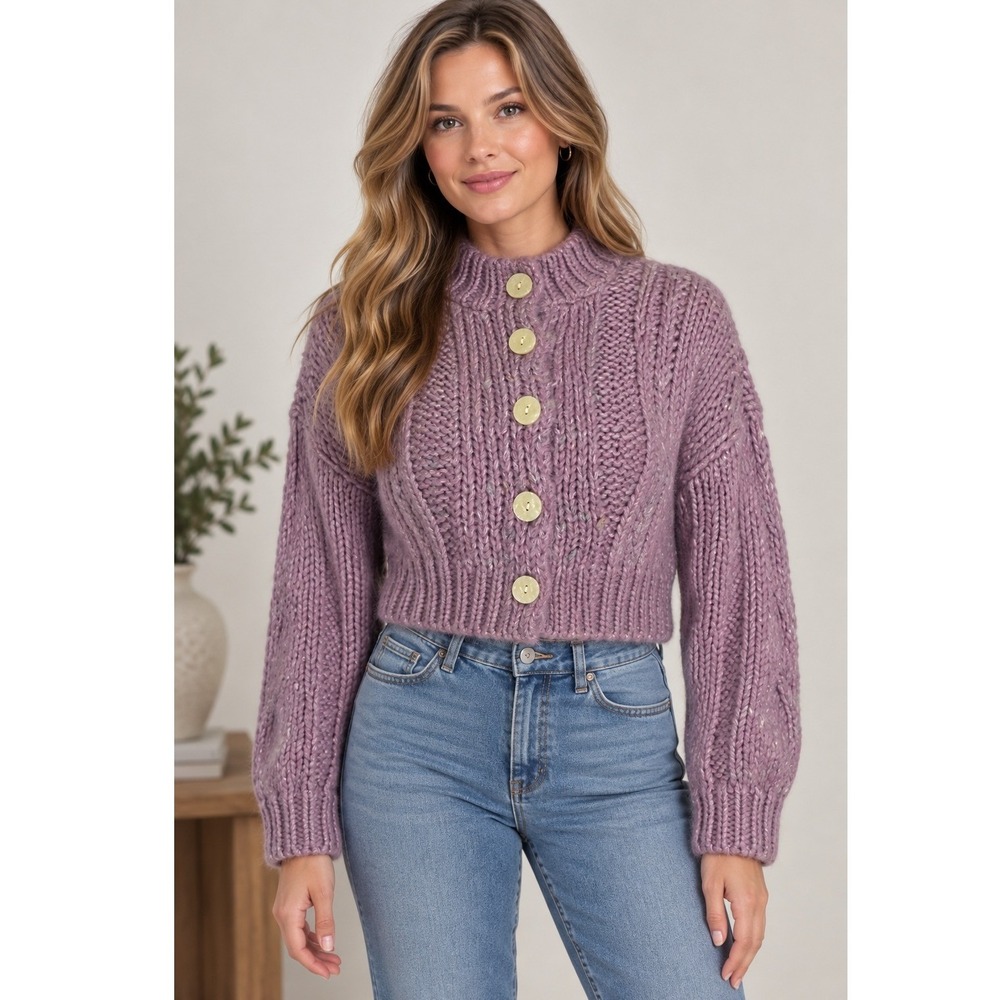 Urban Outfitters Sweater Purple Chunky Cable Knit Cropped Button Up Cottage XS
